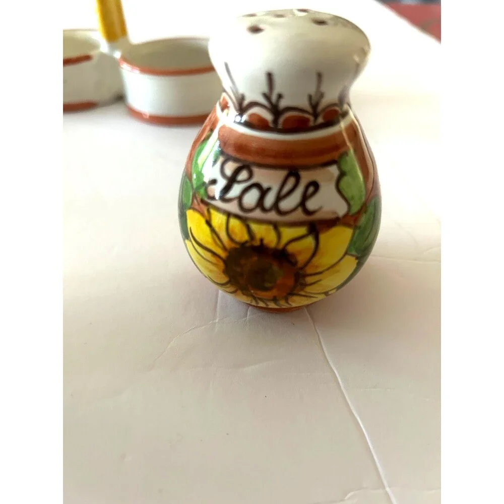 Sunflower Salt and Pepper Shakers with Caddy Signed Italian Pottery Stoppers